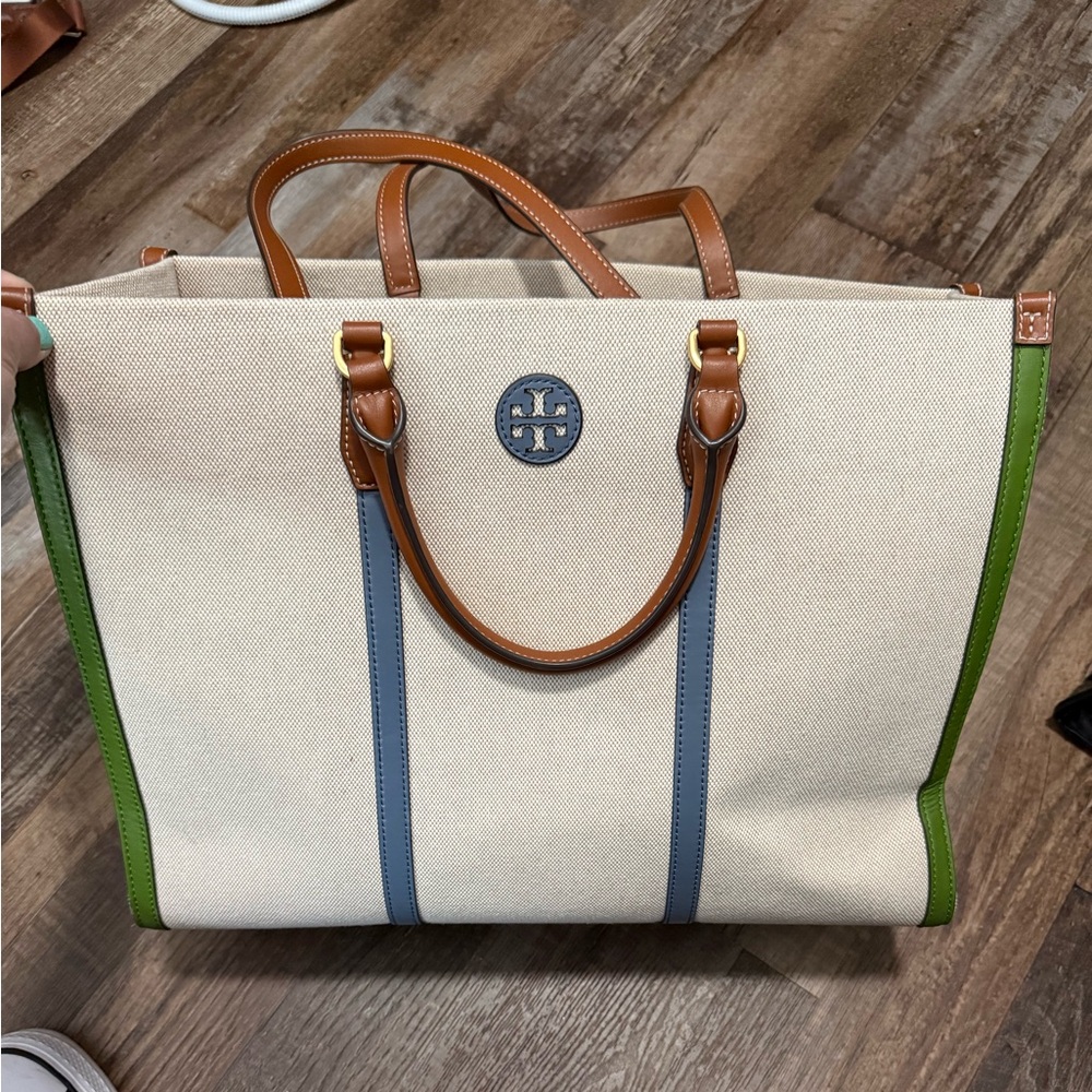Tory Burch Cream Green Blue double strap Tote Bag